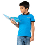 Youmaa Boys -100% Cotton Knits Polo Player Tshirt - Contrast Collared Half Sleeves-Chest Rainbow Embroidery -Regular Length- Micro Fibre Cloud Wash Softness-Blue