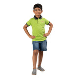 Youmaa Boys -100% Cotton Knits Polo Player Tshirt - Contrast Collared Half Sleeves-Chest Rainbow Embroidery -Regular Length- Micro Fibre Cloud Wash Softness-Green