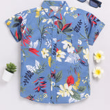 Youmaa 100% Cotton Half Sleeve Hawaiian Vacation Colorful Floral Printed Collared Shirt Royal Blue