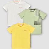 Youmaa-Trio Pack Tshirt-Half Sleeves -Chest Print Vertical Stripes Pocket -Solid Plain -Soft Cloud Touch Fibre 100% Cotton Knits