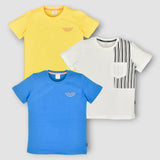 Youmaa-Trio Pack Tshirt-Half Sleeves -Chest Print Vertical Stripes Pocket -Solid Plain -Soft Cloud Touch Fibre 100% Cotton Knits