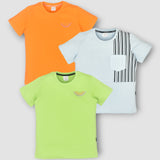 Youmaa-Trio Pack Tshirt-Half Sleeves -Chest Print Vertical Stripes Pocket -Solid Plain -Soft Cloud Touch Fibre 100% Cotton Knits