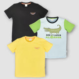 Youmaa-Trio Pack Tshirt-Half Sleeves -Chest Print Alligator-Solid Plain -Soft Cloud Touch Fibre 100% Cotton Knits