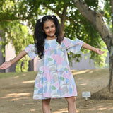 Youmaa-Puff Half Sleeves Mid Length Dress  , All Over Print in Soft 100% Cotton - Pink
