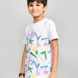 Youmaa 100% Cotton Half Sleeves Round Neck Geometric Printed T-Shirt White