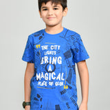 Youmaa 100% Cotton Half Sleeves Round Neck Typographic World Printed T-Shirt Blue