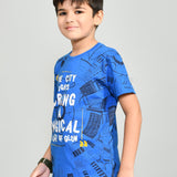 Youmaa 100% Cotton Half Sleeves Round Neck Typographic World Printed T-Shirt Blue
