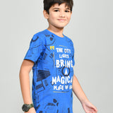 Youmaa 100% Cotton Half Sleeves Round Neck Typographic World Printed T-Shirt Blue