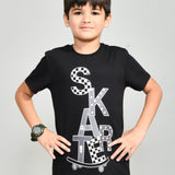 Youmaa 100% Cotton Half Sleeves Round Neck Skaters Text Printed T-Shirt Black