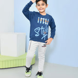 Youmaa 100% Cotton Full Sleeves Round Rib Neck Bold Text Printed Sweatshirt Blue