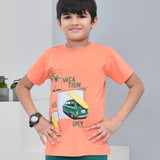 Youmaa 100% Cotton Half Sleeves Beach Graphics Printed T-Shirt - Orange