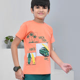 Youmaa 100% Cotton Half Sleeves Beach Graphics Printed T-Shirt - Orange
