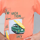 Youmaa 100% Cotton Half Sleeves Beach Graphics Printed T-Shirt - Orange