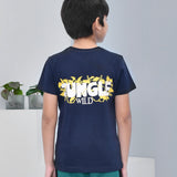 Youmaa 100% Cotton Half Sleeves Jungle Typography Printed T-Shirt - Navy Blue