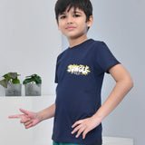Youmaa 100% Cotton Half Sleeves Jungle Typography Printed T-Shirt - Navy Blue