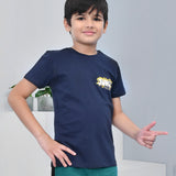 Youmaa 100% Cotton Half Sleeves Jungle Typography Printed T-Shirt - Navy Blue