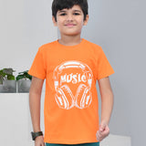 Youmaa 100% Cotton Half Sleeves Music Graphics Printed T-Shirt - Orange