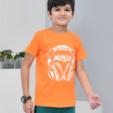 Youmaa 100% Cotton Half Sleeves Music Graphics Printed T-Shirt - Orange