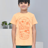 Youmaa 100% Cotton Half Sleeves Mountain Vacation Graphics Printed T-Shirt - Orange