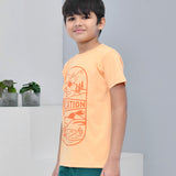 Youmaa 100% Cotton Half Sleeves Mountain Vacation Graphics Printed T-Shirt - Orange