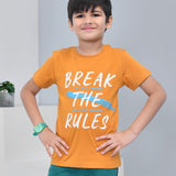 Youmaa 100% Cotton Half Sleeves Break The Rules Typography Printed T-Shirt - Mustard