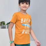 Youmaa 100% Cotton Half Sleeves Break The Rules Typography Printed T-Shirt - Mustard