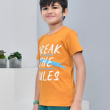 Youmaa 100% Cotton Half Sleeves Break The Rules Typography Printed T-Shirt - Mustard