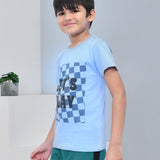 Youmaa 100% Cotton Half Sleeves Let's Play Typography Printed T-Shirt - Blue