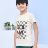 Youmaa 100% Cotton Half Sleeves Let's Play Typography Printed T-Shirt - Tofu