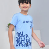 Youmaa 100% Cotton Half Sleeves Typography Printed T-Shirt - Light Blue
