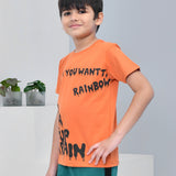 Youmaa 100% Cotton Half Sleeves Typography Printed T-Shirt - Rust