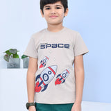 Youmaa 100% Cotton Half Sleeves Rocket Graphics Printed T-Shirt - Beige