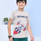 Youmaa 100% Cotton Half Sleeves Rocket Graphics Printed T-Shirt - Beige