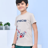 Youmaa 100% Cotton Half Sleeves Rocket Graphics Printed T-Shirt - Beige