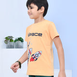 Youmaa 100% Cotton Half Sleeves Rocket Graphics Printed T-Shirt - Orange