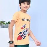 Youmaa 100% Cotton Half Sleeves Rocket Graphics Printed T-Shirt - Orange