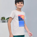 Youmaa 100% Cotton Half Sleeves Abstract Printed T-Shirt - Beige