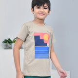 Youmaa 100% Cotton Half Sleeves Abstract Printed T-Shirt - Khaki