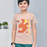 Youmaa 100% Cotton Half Sleeves Abstract Printed T-Shirt - Beige