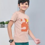 Youmaa 100% Cotton Half Sleeves Abstract Printed T-Shirt - Beige