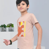 Youmaa 100% Cotton Half Sleeves Abstract Printed T-Shirt - Beige