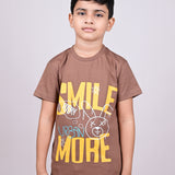 Youmaa 100% Cotton Half Sleeves Smile More Graphics Printed T-Shirt - Brown