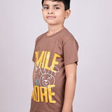 Youmaa 100% Cotton Half Sleeves Smile More Graphics Printed T-Shirt - Brown