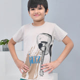 Youmaa 100% Cotton Half Sleeves Guitar Graphics Printed T-Shirt - Beige