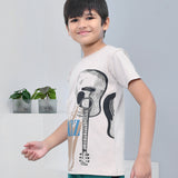 Youmaa 100% Cotton Half Sleeves Guitar Graphics Printed T-Shirt - Beige