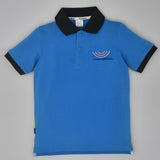 Youmaa Boys -100% Cotton Knits Polo Player Tshirt - Contrast Collared Half Sleeves-Chest Rainbow Embroidery -Regular Length- Micro Fibre Cloud Wash Softness-Blue