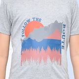 Youmaa 100% Cotton Half Sleeves Mountain Graphics Printed T-Shirt - Grey