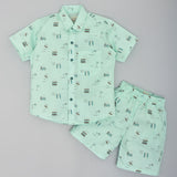 Youmaa Cotton Half Sleeves Beach Theme Printed Shirt & Shorts - Green