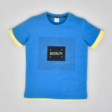 Youmaa-Boys-Patch with Print Chest Print -Round Neck- Detailed Half Sleeves Tshirt-100%Micro Touch Cloud Fibre Cotton Knit- Blue