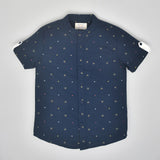 Youmaa- Navy Charm Printed Collar Shirt Half Sleeves Loops ,Soft 100% Cotton - Navy